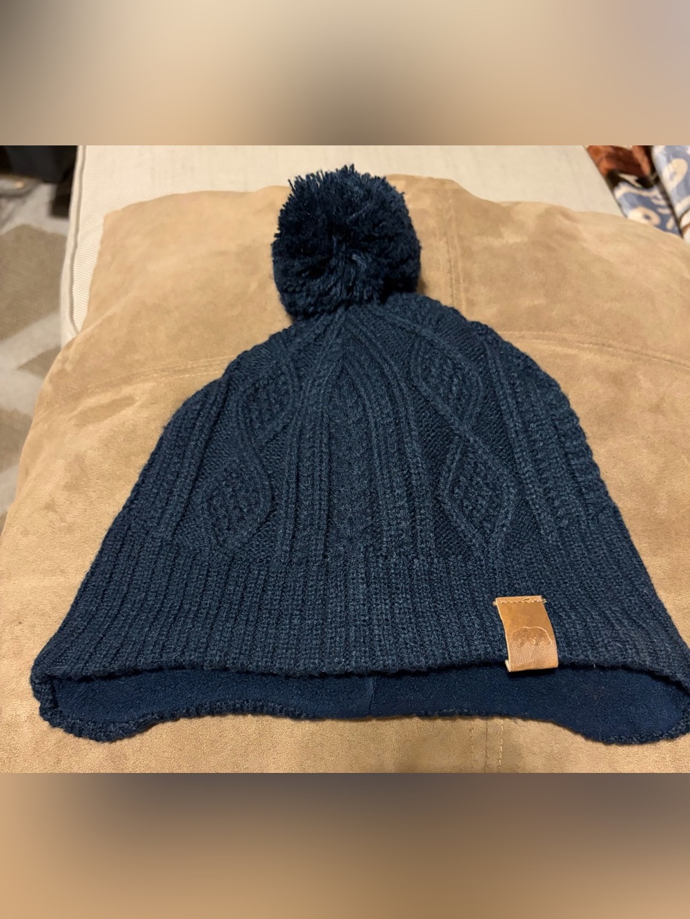 H&M Navy Pom Knit Beanie with Leather Accent